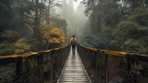 Levantar la vista de un escalador paseando por una pasarela hacia Timberland Generado por IA