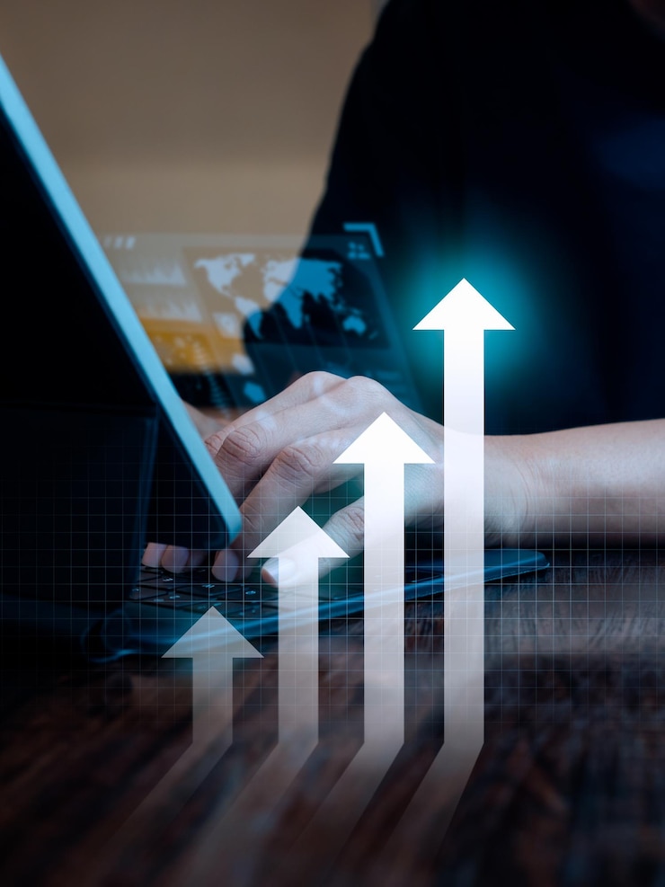 Foto levantarse arroyos brillantes como un gráfico pasos pantalla de ganancias de negocios en línea digital y hombre de negocios trabajar con el estilo vertical portátil de crecimiento de negocios de fondo de ganancias de comercio de objetivos y conceptos de éxito