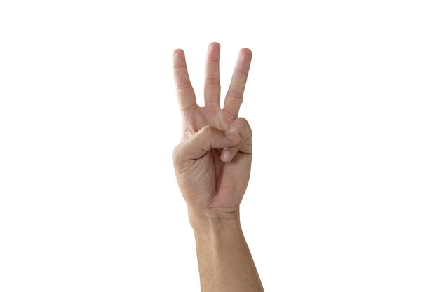 Foto levante a mão com três dedos isolados no fundo branco