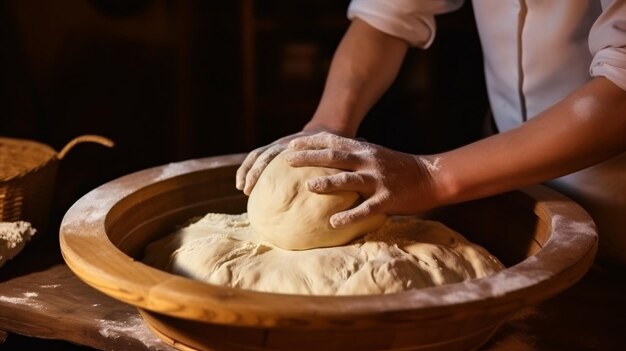 Levanto de la masa de trigo fermentada naturalmente en una canasta