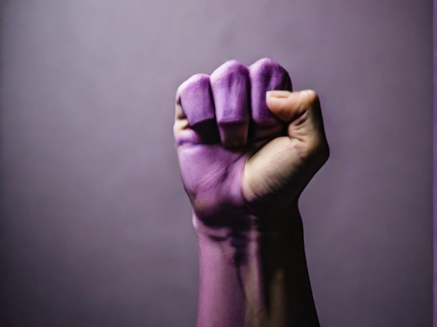 Foto levantó el puño púrpura de una mujer para el día internacional de la mujer y el movimiento feminista