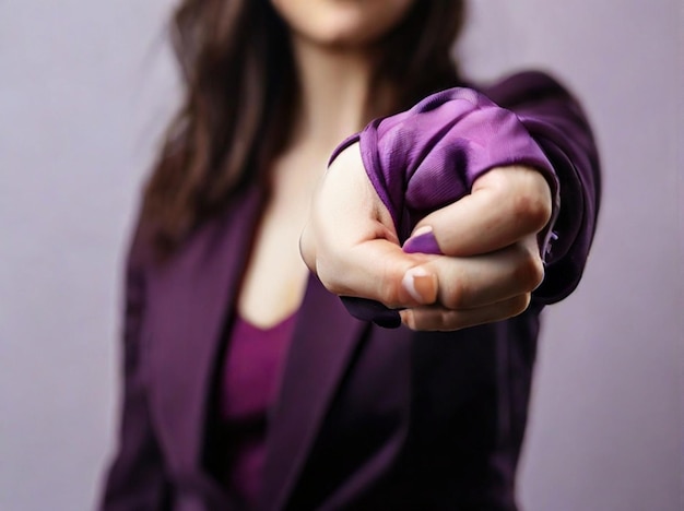 Foto levantó el puño púrpura de una mujer para el día internacional de la mujer y el movimiento feminista