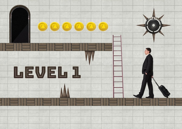 Level 1 Text und Geschäftsmann im Computerspiel Level mit Fallen und Münzen