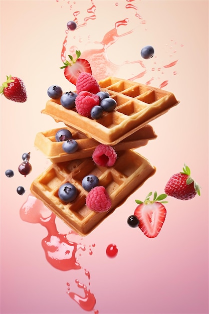 Levitação de alimentos Waffles e bagas flutuantes