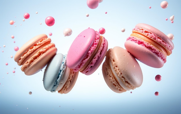 Levitação de macaroons coloridos renderizados em 3D