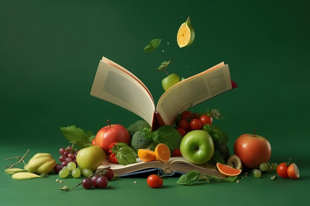 Foto levitação do livro de receitas aberto com frutas e legumes frescos