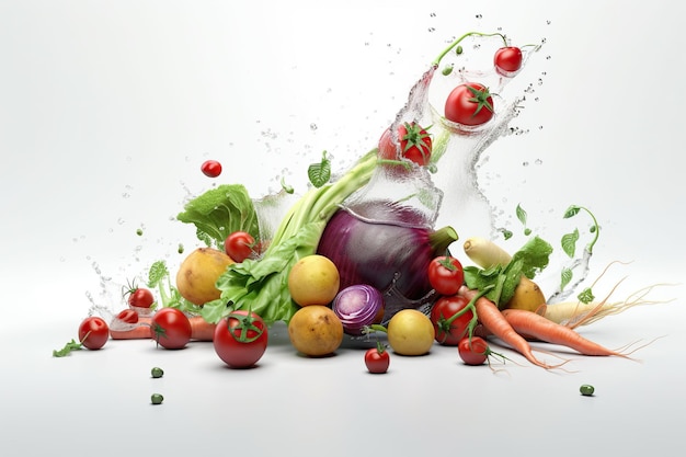 Levitação misture legumes e verduras com gotas de suco