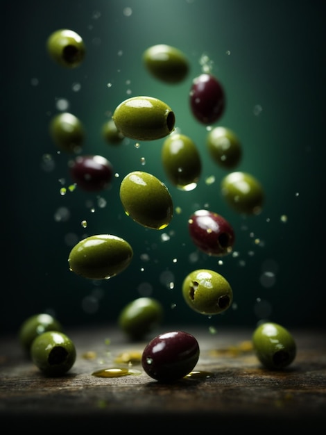 Levitación de aceitunas negras y verdes en el aire sobre fondo oscuro