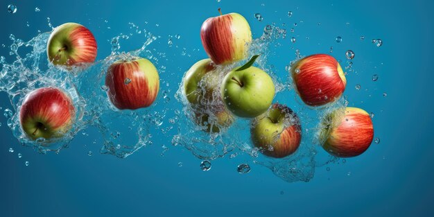Levitación de manzanas rojas en el aire con salpicaduras de agua fondo azul generativo ai