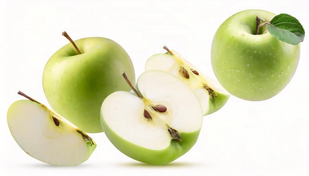 Levitación de manzanas verdes maduras mitades y rebanadas de manzanas aisladas sobre fondo blanco