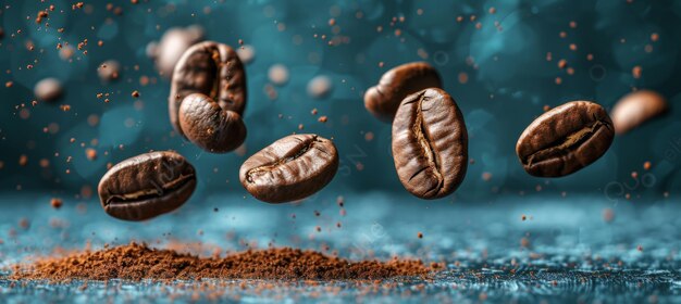 Foto levitando granos de café tostados en fondo oscuro perfecto para los amantes del café y los cafés rico aroma