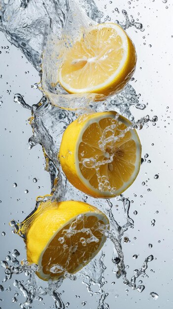 Levitando metades de limão amarelo suculento voam com salpicos de água Frutas saturadas com vitamina C