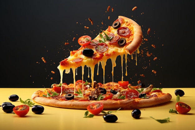 Levitando uma cunha de pizza com tomates de queijo voadores, verdes e azeitonas em um fundo escuro