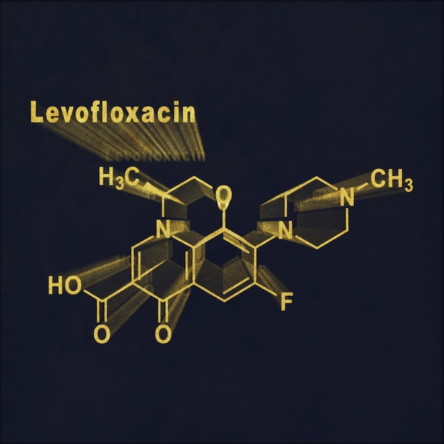 Levofloxacin-Antibiotikum, chemische Strukturformel Gold auf dunklem Hintergrund