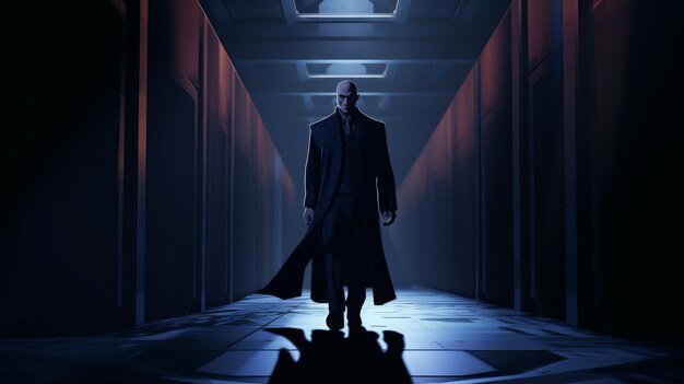 Foto lex luthor em uniforme azul escuro navegando por um corredor mal iluminado