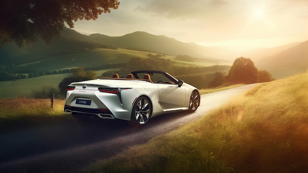 Un lexus convertible blanco conduce por una carretera rural.