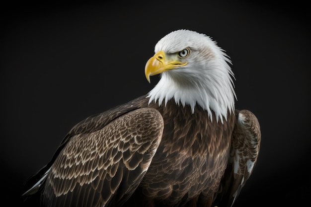 Leyenda Un águila calva altísima posa para un retrato sobre un fondo negro azabache