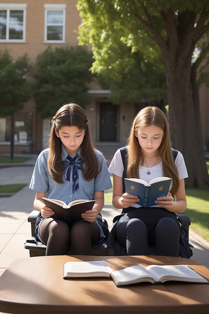 Leyendo un libro con dos chicas Foto generada por Ai