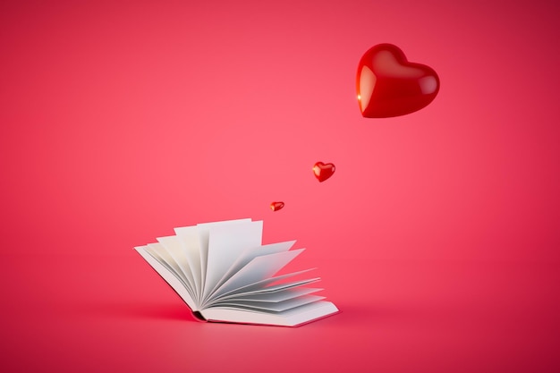 Leyendo una novela de amor un libro abierto del que el corazón sale volando sobre un fondo rojo 3D Render