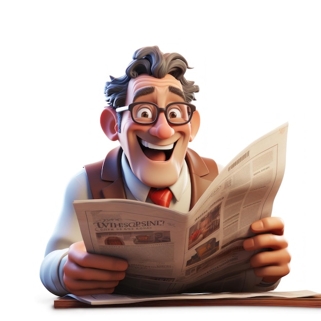 leyendo el periódico con una expresión seria hombre 3d