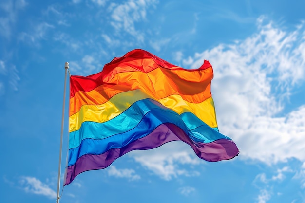 LGBT-Flagge auf dem Himmel Hintergrund Regenbogenfarben von schwulen Symbolen