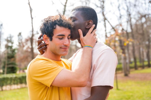 Lgbt-Konzept Ein paar multiethnische Männer in einem Park, die sich bei einem Sonnenuntergang auf die Stirn küssen