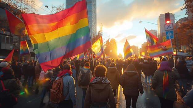 Foto lgbt-pride eine menschenmenge mit regenbogenfahnen auf der straße