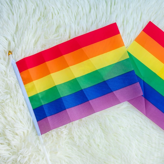 Foto lgbtq bandera del arco iris sobre fondo blanco apoyar a la comunidad lesbiana gay bisexual transgénero y queer y el concepto del mes del orgullo