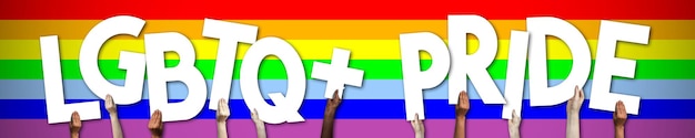 LGBTQ banner manos humanas sosteniendo letras coloridas