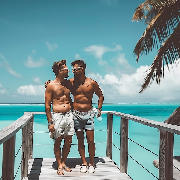 Lgbtq diversidade casal gay de homens turistas posando para uma foto em férias de verão com azul oceano e céu em fundo em ilha tropical Swingers e amor mesmo sexo conceito de estilo de vida Pessoas