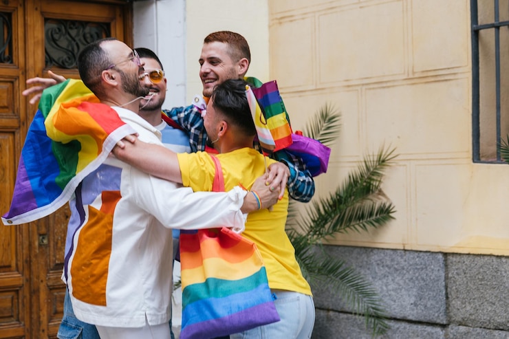 Foto lgbtq-freunde umarmen sich stolz und sind bereit für die parade. sie stellen flaggen, taschen und hemden zur schau. mehr