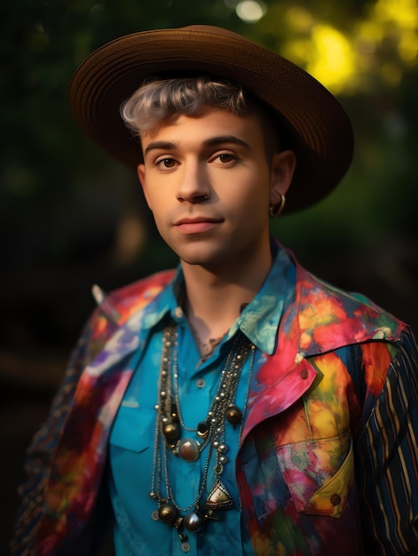 LGBTQ-Mann mit farbenfroher Kleidung Fotoillustration von Celebrating love and freedom pride