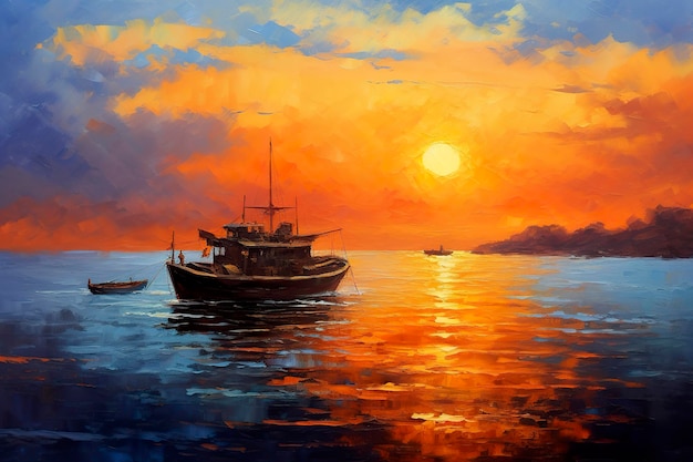 Ölgemälde eines Fischerbootes bei Sonnenuntergang am Meer Meereslandschaftskonzept AI Generativ