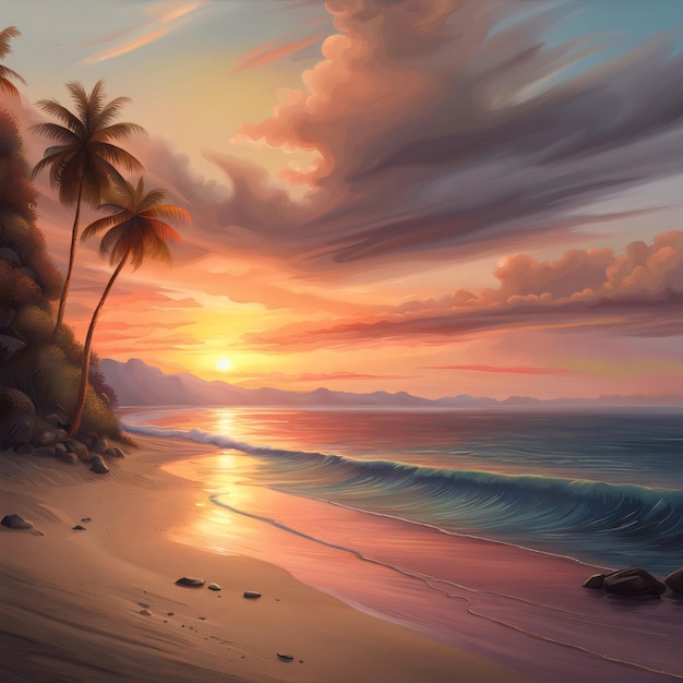 Ölgemälde eines ruhigen Strandes bei Sonnenuntergang