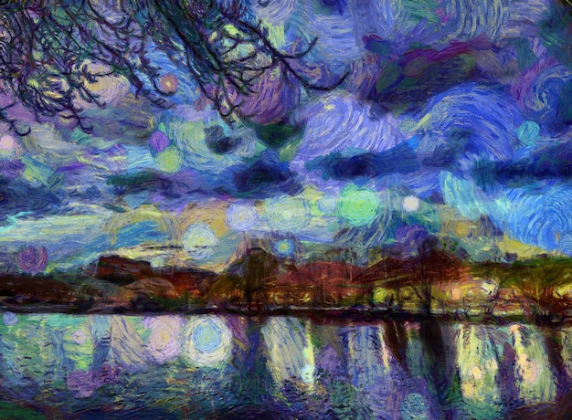 Ölgemälde Stadtbild Moderne digitale Kunst-Impressionismus-Technik Nachahmung des Vincent van Gogh-Stils