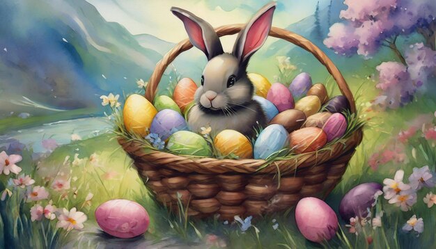 Ölgemalte Illustration von bunten Ostereiern und Kaninchen auf natürlichem Hintergrund Frühlingsferien