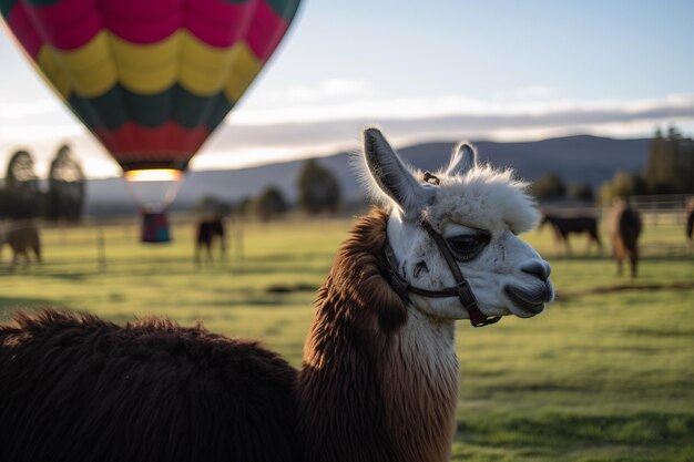 Lhama fofa no festival de balão de ar quente Animal adorável desfrutando de um evento vibrante Generative AI