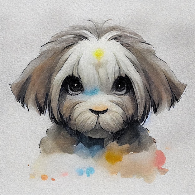 Lhasa Apso. Adorable cachorro de perro. Ilustración de acuarela con manchas de color. Todas las razas de perros