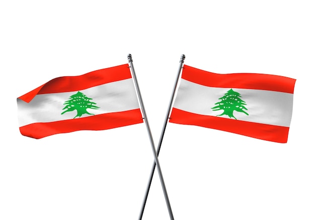 Libanon-Flaggen gekreuzt isoliert auf weißem Hintergrund d-Rendering