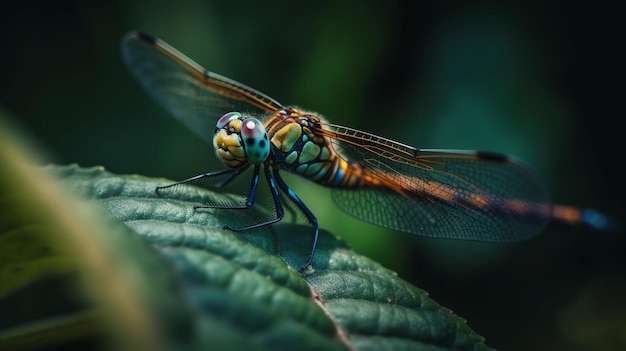 Libelle ruht auf einem grünen Blatt, Nahaufnahme einer makrogenerativen KI