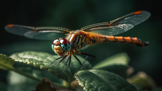 Libelle ruht auf einem grünen Blatt, Nahaufnahme einer makrogenerativen KI