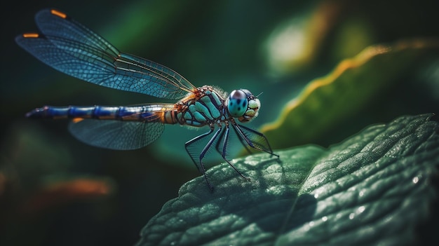 Libelle ruht auf einem grünen Blatt, Nahaufnahme einer makrogenerativen KI