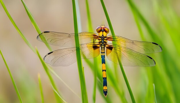 Foto una libélula con alas amarillas y azules se sienta en la hierba