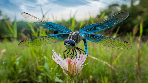 una libélula con alas azules está en una flor