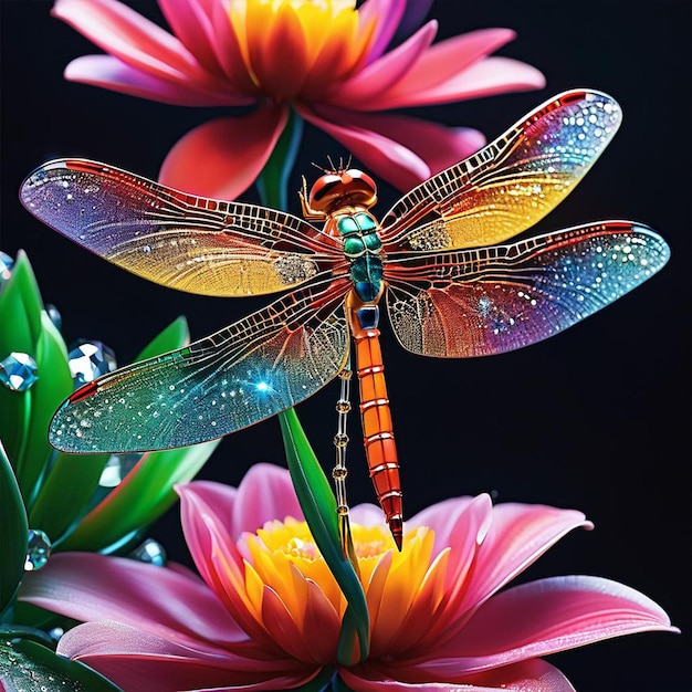 Una libélula con alas coloridas se sienta en una flor