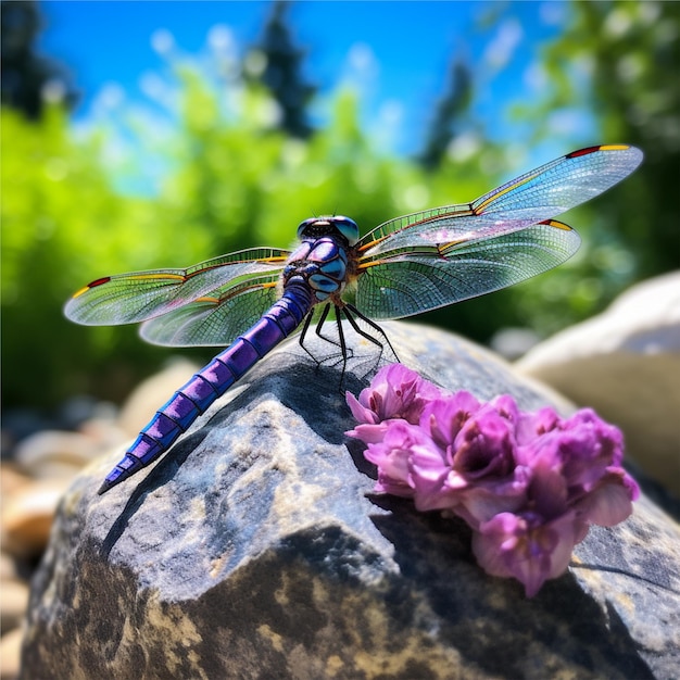 Una libélula con alas púrpuras se sienta en una roca