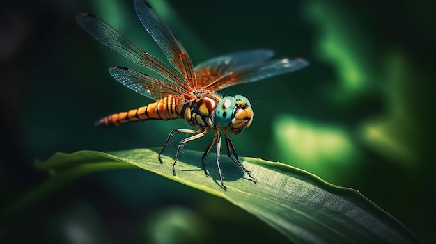 La libélula se alza en la hoja verde La hermosa libélulase alza