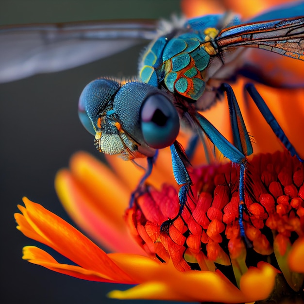 Una libélula azul y amarilla está sobre una flor.