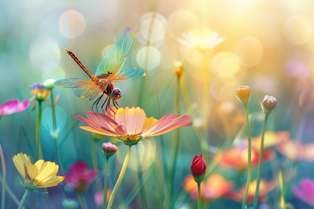 Foto libélula colorida en una hermosa flor en el prado en verano