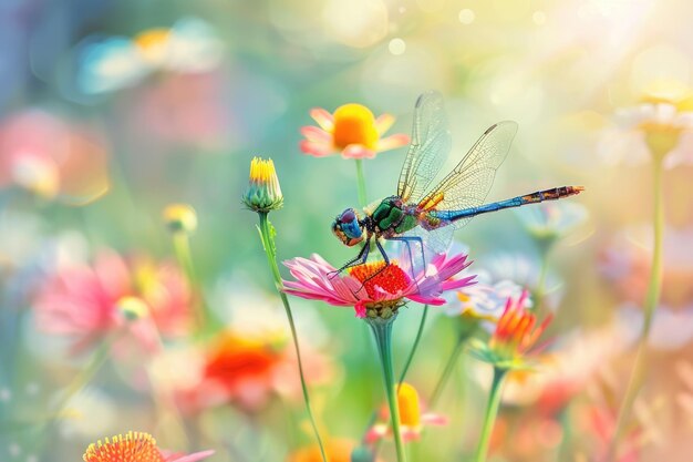 Foto libélula colorida en una hermosa flor en el prado en verano